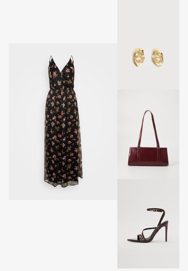Robe maxi noire à fleurs avec des bretelles fines, présentant un décolleté en V, une taille cintrée, et une superposition transparente. Motif floral dans des teintes de rose et d'or.; Sandale à talons hauts en cuir verni bourgogne avec une bride de cheville, bout pointu et trois bandes horizontales sur le pied. Détail de boucle dorée.; Sac à main bordeaux en matériau brillant, de forme rectangulaire, avec deux anses et des accents légèrement courbés à l'avant.; Paire de boucles d'oreilles en métal doré brillant, de forme irrégulière, avec une surface froissée et lisse sur un fond clair uni.