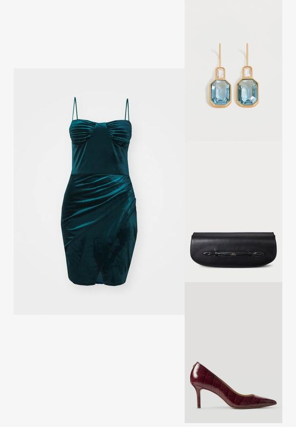 WAL G. VALERIE MINI - Oblečenie na špeciálnu príležitosť - dark teal blue; Burgundské lakované kožené vysoké podpätky s krokodílovou textúrou, špicatou špičkou a štíhlym stiletto podpätkom. Vonkajšok sa vyznačuje hladkým povrchom.; Čierna kožená listová kabelka s hladkou textúrou, zaobleným tvarom a dekoratívnym remienkom s detailom zlatistého loga.; Zlaté náušnice kvapky s veľkými obdĺžnikovými modrými drahokamami, na vrchu menšie priehľadné obdĺžnikové kamene.