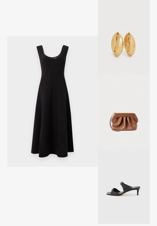 Vestido negro con escote redondo, diseño sin mangas y una silueta acampanada en A. Presenta detalles de costura vertical para dar estructura.; Sandalias negras con tacón y puntera cuadrada, hechas de cuero liso. Presentan tiras fruncidas y un tacón delgado para mayor elevación.; Bolso de mano de cuero marrón con detalle fruncido, estructura rígida, correa para la muñeca y cremallera dorada sobre un fondo claro y liso.; Par de pendientes de aro gruesos con acabado dorado pulido, con un diseño ligeramente ovalado y robusto, con cierres de bisagra sobre un fondo blanco.