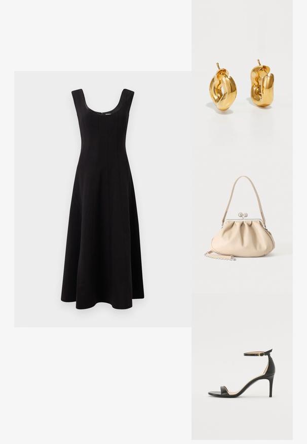 Vestido negro con escote redondo, diseño sin mangas y una silueta acampanada en A. Presenta detalles de costura vertical para dar estructura.; Sándalo de tacón alto de piel negra con tiras en el tobillo. Presenta una textura suave, puntera abierta y un tacón delgado. Detalles de hebilla en tono dorado.; Bolso de mano de cuero suave beige con cierre de marco metálico plateado, una correa para el hombro y una correa de cadena opcional sobre un fondo blanco.; Pendientes de aro grueso en oro con un diseño tubular ligeramente retorcido y cierre de presión, sobre un fondo blanco.