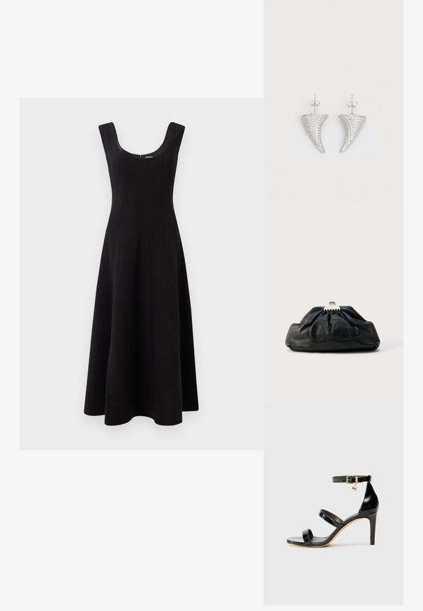 Schwarzes Kleid mit Rundhalsausschnitt, ärmellosem Design und ausgestellter A-Linie Silhouette. Verfügt über vertikale Nahtdetails für Struktur.; Schwarze Lackleder-Sandale mit drei Riemen, Knöchelriemen und 10 cm hohen Stiletto-Absatz. Verfügt über goldfarbene Hardware-Details und ein Logo-Charm.; Schwarze Leder-Clutch mit geraffter Textur, Metallverschluss und dezentem, auf der Vorderseite geprägtem Logo. Abgerundete Form.; Silberne, hornförmige Ohrringe, besetzt mit kleinen klaren Steinen, mit einem Steckverschluss zur Befestigung. Glatte Textur und metallisches Finish.