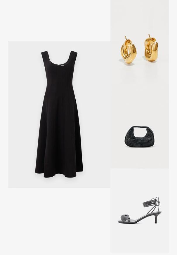 Schwarzes Kleid mit Rundhalsausschnitt, ärmellosem Design und ausgestellter A-Linie Silhouette. Verfügt über vertikale Nahtdetails für Struktur.; Graue Leder-Pumps mit Absatz, verknotetem Riemen über den Zehen und Wickelriemen um den Knöchel auf schlankem, mittelhohem Absatz vor weißem Hintergrund.; Schwarze gewebte Hobo-Tasche mit weicher Struktur und integriertem Griff, dargestellt vor einem schlichten hellen Hintergrund.; Fette goldene Creolen mit einem leicht verdrehten, röhrenförmigen Design und Steckverschlüssen auf einem weißen Hintergrund.