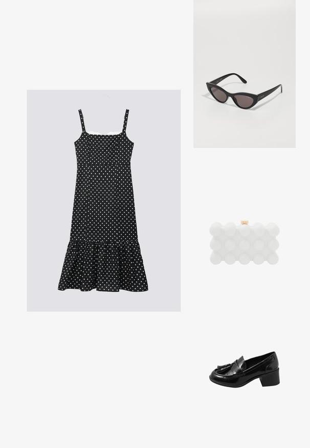 Schwarzes Kleid mit Punkten, verstellbaren Trägern, tailliertem Oberteil und Rüschensaum. Hergestellt aus leichtem Stoff und mit weißen Punkten verziert.; Schwarzer Loafer aus Lackleder mit niedrigem Blockabsatz, verziert mit einer dekorativen Quaste und Zierstichen auf dem Spann. Glatte Oberfläche.; Cat-Eye-Sonnenbrille mit mattem schwarzen Rahmen und dunklen Gläsern, mit "Vogue"-Branding an der Seite und einer markanten, eckigen Form.; Weißes Plastik-Clutch mit runder, blasenartiger Textur, rechteckiger Form und goldfarbener Hardware-Verschluss oben.