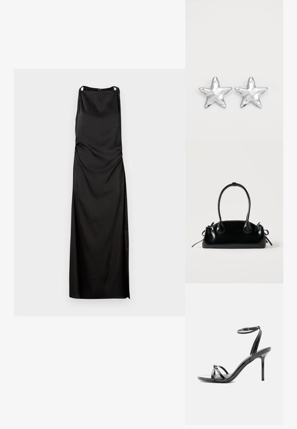 Schwarzes ärmelloses Kleid mit gerader Silhouette, aus glattem Stoff gefertigt. Besitzt Raffung und einen seitlichen Schlitz für zusätzliche Details.; Schwarze Sandale aus Lackleder mit hohen Absätzen, dünnen Riemen über den Zehen und einem Knöchelriemen mit Schnalle auf weißem Hintergrund.; Kleine schwarze glänzende Handtasche mit zwei langen Griffen und seitlichen Kordelzug-Details vor einfachem hellem Hintergrund.; Silberne sternförmige Ohrringe mit einer polierten, glänzenden Oberfläche. Jeder Ohrring hat fünf Spitzen und dezente Oberflächentexturdetails.