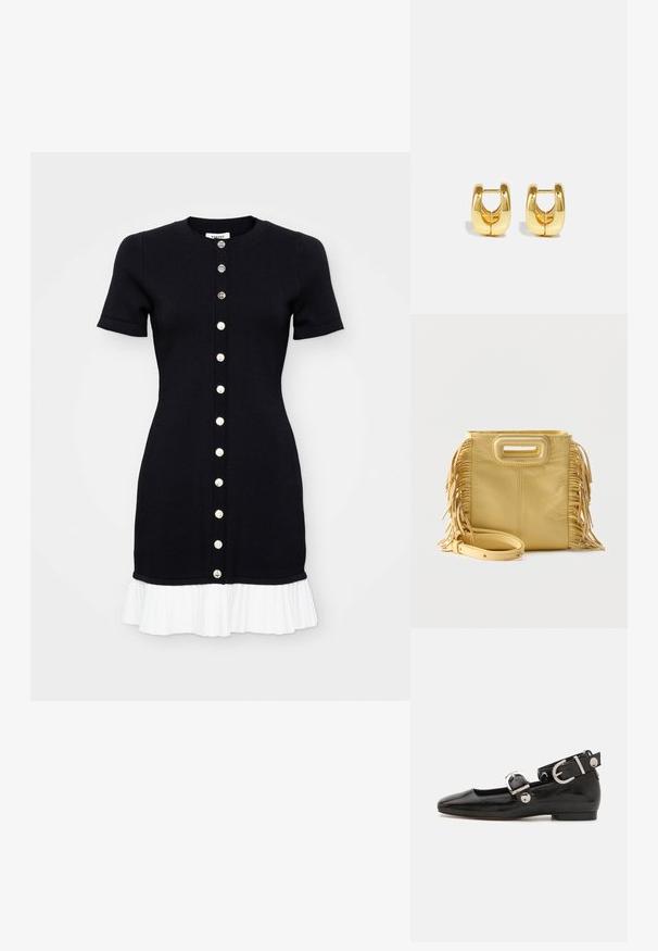 Robe en tricot noire à manches courtes, avec un décolleté rond et un ourlet plissé blanc. Elle présente une fermeture à boutons sur le devant avec des boutons contrastants.; Ballerine en cuir verni noir avec un bout carré, sangle de cheville avec des détails en métal argenté et semelle plate. Texture lisse avec un design minimaliste.; Sac à main en cuir jaune avec détails à franges sur les côtés, poignée découpée rectangulaire et bandoulière amovible placée à l'avant.; Boucles d'oreilles en or avec un design élégant et arrondi. Présentent un centre creux et une surface brillante, complétant les styles modernes.