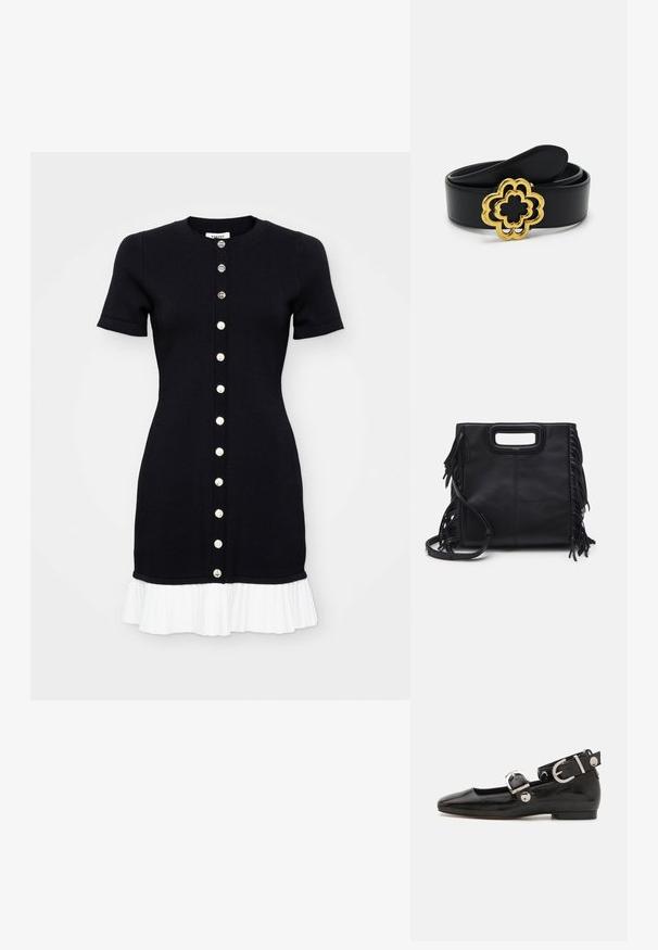 Robe en tricot noire à manches courtes, avec un décolleté rond et un ourlet plissé blanc. Elle présente une fermeture à boutons sur le devant avec des boutons contrastants.; Ballerine en cuir verni noir avec un bout carré, sangle de cheville avec des détails en métal argenté et semelle plate. Texture lisse avec un design minimaliste.; Sac à main en cuir noir avec un design structuré, une poignée supérieure et des franges. Il dispose d'une bandoulière amovible pour plus de polyvalence.; Ceinture en cuir noir ornée d'une boucle dorée en forme de fleur avec des découpes. Texture lisse avec une finition brillante sur la boucle.