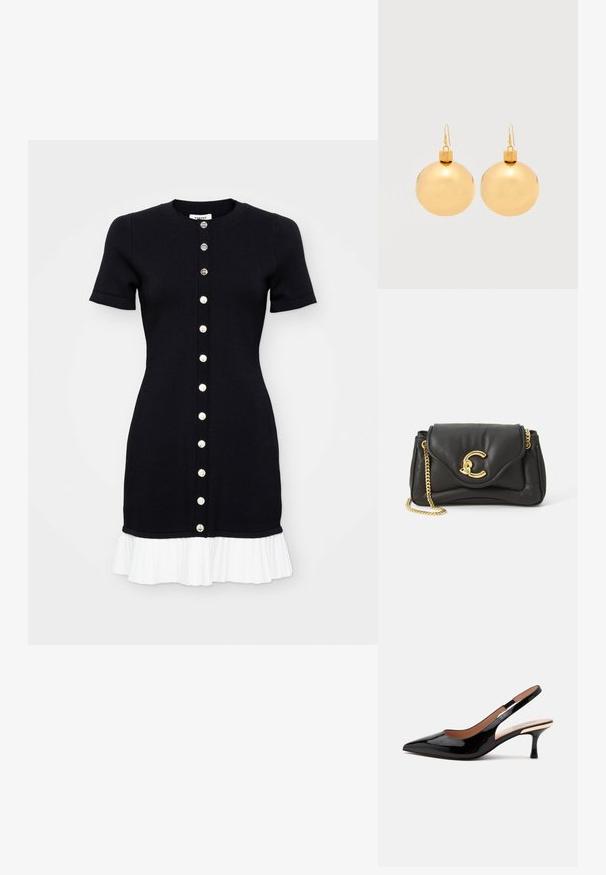 Zwarte gebreide jurk met korte mouwen, ronde halslijn en witte geplooide zoom. Voorzien van een sluiting met knopen aan de voorkant met contrasterende knopen.; Zwarte lakleren slingback pump met puntige neus en lage kittenheel op een eenvoudige witte achtergrond.; Zwarte leren handtas met een golvend ontwerp, gouden kettinghengsel en een opvallende gouden sluiting met een gestileerde letter "C."; Een paar glanzende gouden kerstbal-oorbellen met haaksluitingen op een effen witte achtergrond.