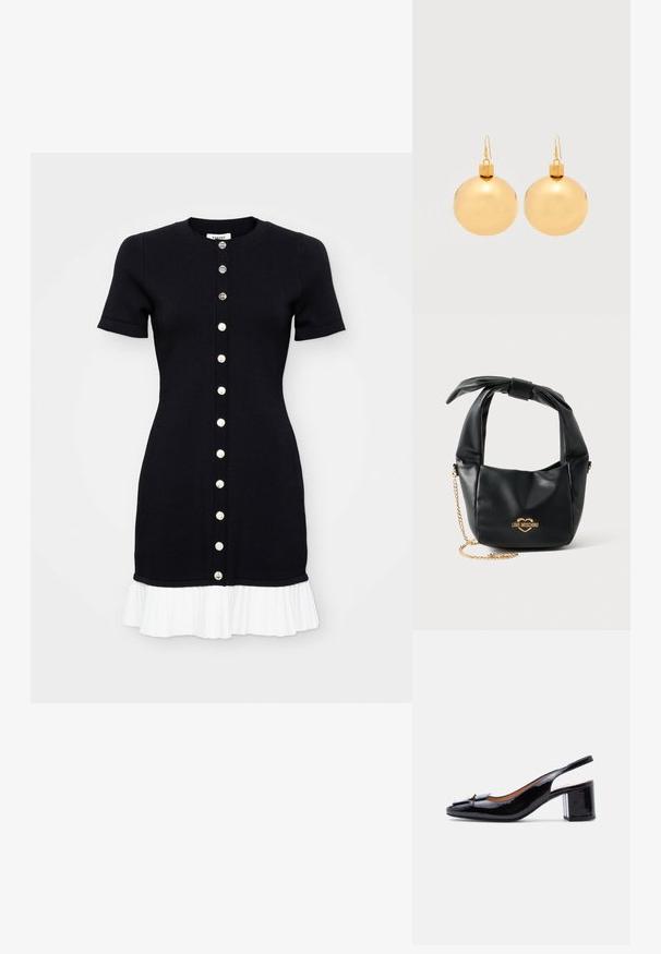 Robe en tricot noire à manches courtes, avec un décolleté rond et un ourlet plissé blanc. Elle présente une fermeture à boutons sur le devant avec des boutons contrastants.; Chaussure à bride arrière en cuir noir brillant avec petit talon carré et boucle décorative sur l'orteil pointu, vue de profil sur fond blanc.; Sac à main Love Moschino en cuir noir souple avec poignée nouée et bandoulière chaîne dorée sur fond blanc.; Paire de boucles d'oreilles boule de Noël dorées brillantes avec fermoirs à crochet sur fond blanc uni.