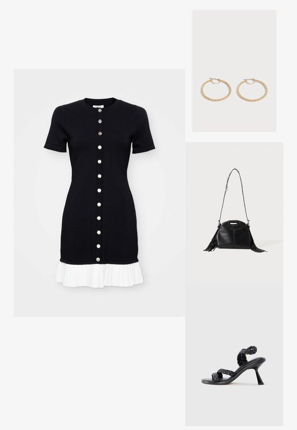 Robe en tricot noire à manches courtes, avec un décolleté rond et un ourlet plissé blanc. Elle présente une fermeture à boutons sur le devant avec des boutons contrastants.; Sandales à talons noires avec des brides tissées, un design élégant, et un talon bloc pointu. Fabriquées en matériau lisse avec une finition brillante.; Sac à main en cuir noir avec longue bandoulière, petite poignée supérieure et franges sur les deux côtés, présenté sur un fond uni.; Paire de boucles d'oreilles créoles en or de taille moyenne avec un design texturé et perlé sur un fond clair uni.