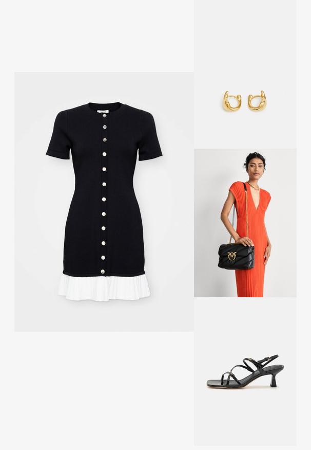 Robe en tricot noire à manches courtes, avec un décolleté rond et un ourlet plissé blanc. Elle présente une fermeture à boutons sur le devant avec des boutons contrastants.; Sandales à strapes en cuir verni noir avec un bout carré et un petit talon carré. Présente des accessoires en métal doré et des brides de cheville réglables.; Sac à main en cuir noir avec un design matelassé, des ferrures dorées et une bandoulière chaîne. Le modèle le tient contre une robe orange texturée.; Boucles d'oreilles en or présentant un design lisse et arrondi avec une finition polie. Les boucles ont une forme compacte et chunky, et un fermoir sans couture.