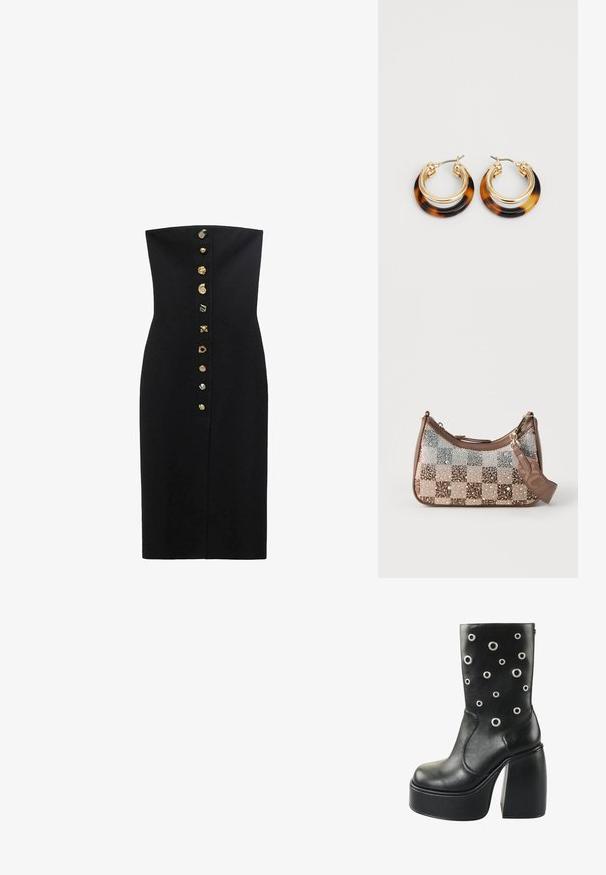 Zwarte strapless jurk met een getailleerde silhouet, met een frontsluiting met goudkleurige decoratieve knopen in het midden.; Zwarte leren platformen enkelboot met grote zilveren oogjes, ronde neus en een chunky hoge hak voor extra hoogte.; Bruine gestructureerde handtas met strassteentjes, een gouden ritssluiting en een afneembare bruine band tegen een effen lichte achtergrond.; Lauren Ralph Lauren SPLIT HOOP - Oorbellen - gold-coloured/tortoise