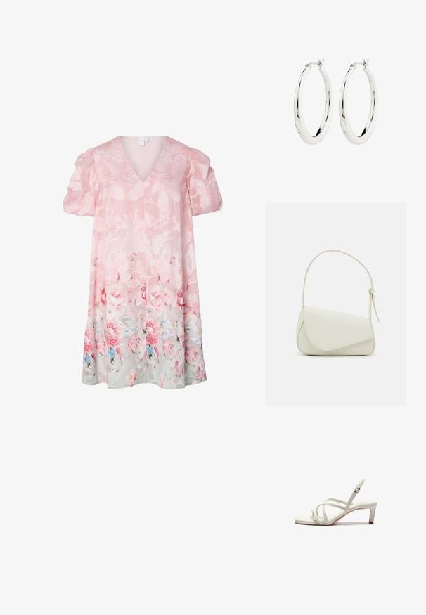 Vestido floral en rosa claro con mangas abullonadas, escote en V y tejido transparente. Presenta un patrón floral texturizado, con rosas y suaves acentos en azul en el dobladillo.; Zign by Zalando Tacones - off white; Bolso de mano de imitación cuero blanco con una forma triangular estructurada, correa ajustable única y cierre con solapa acentuada en curva.; Pendientes de aro de plata con un acabado suave y brillante. Forma circular, con un cierre seguro. Diseño sencillo y elegante.