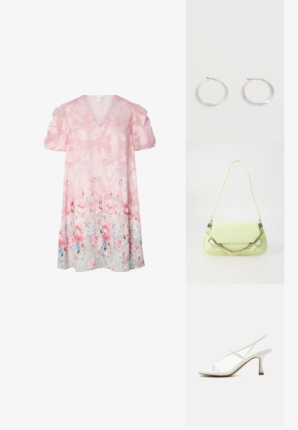 Vestido floral en rosa claro con mangas abullonadas, escote en V y tejido transparente. Presenta un patrón floral texturizado, con rosas y suaves acentos en azul en el dobladillo.; Sandalia blanca de mujer con tacón, puntera abierta, tiras delgadas cruzadas y talonera en un fondo claro.; Bolso de mano sintético verde lima con textura suave, correa de cadena desmontable y hebillas decorativas; forma rectangular con lados cónicos.; Pendientes de aro de metal plateado con superficie lisa y ligeramente curvada y cierre de tipo mosquetón sobre un fondo blanco liso.