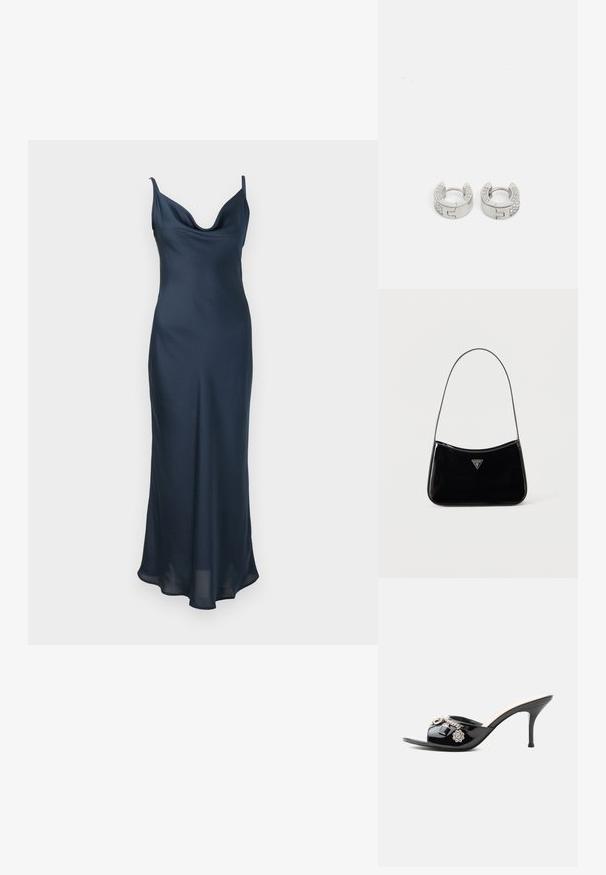Navyblaues Slipkleid aus glattem Stoff; mit dünnen Trägern und einem drapierbaren Ausschnitt, der zu einem leicht ausgestellten Saum fließt.; Schwarzer Lackleder High-Heel Mule mit offenem Zehenbereich und dekorativen silbernen Anhängern, darunter eine Blume und ein Vorhängeschloss am vorderen Riemen.; Schwarze Schultertasche aus Lackleder mit schmalem Riemen, dreieckigem Guess-Logo vorne und einem Reißverschluss oben.; Guess STYLISH - Ohrringe - silver-coloured