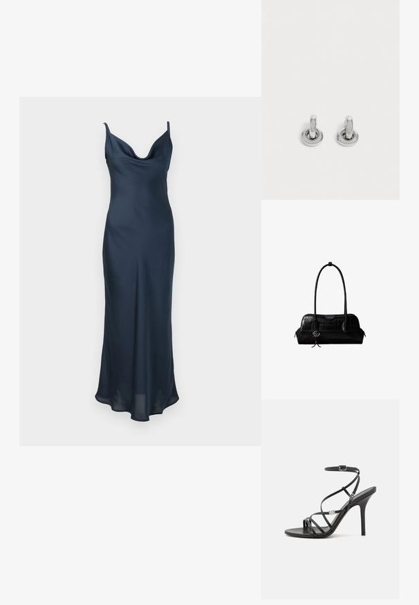 Navyblaues Slipkleid aus glattem Stoff; mit dünnen Trägern und einem drapierbaren Ausschnitt, der zu einem leicht ausgestellten Saum fließt.; Schwarze High-Heel-Sandale mit dünnen Riemen, einem Knöchelverschluss, einer glatten Lederoberfläche und einem schlanken Stiletto-Absatz.; Schwarze Umhängetasche aus krokodilstrukturiertem Leder mit langen Riemen und einem kleinen silbernen Logocharm an einem Riemen.; Paar kleine, glänzende silberne Creolen mit rundem Sockel, auf einfachem hellem Hintergrund präsentiert.