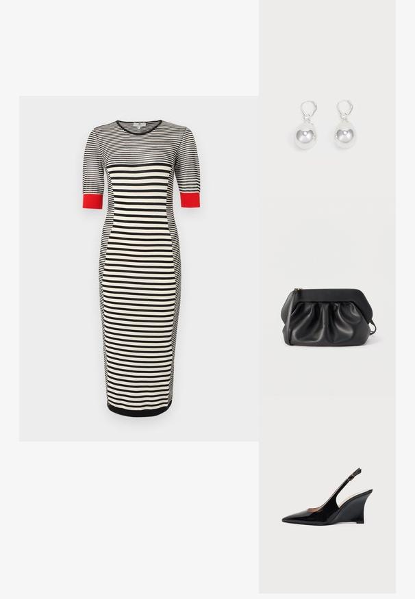 Robe midi à rayures horizontales noires et blanches avec manches courtes et poignets rouges, silhouette ajustée, et encolure ronde.; Chaussure compensée à bride arrière en cuir verni noir avec bout pointu et boucle réglable à la cheville sur fond blanc.; Pochette en cuir noir avec une structure rigide, des détails froncés et une fine lanière de poignet sur fond blanc.; Boucles d'oreilles en argent en forme de goutte avec des surfaces lisses, rondes et réfléchissantes, suspendues à des fermoirs à ressort. L'arrière-plan est blanc uni.