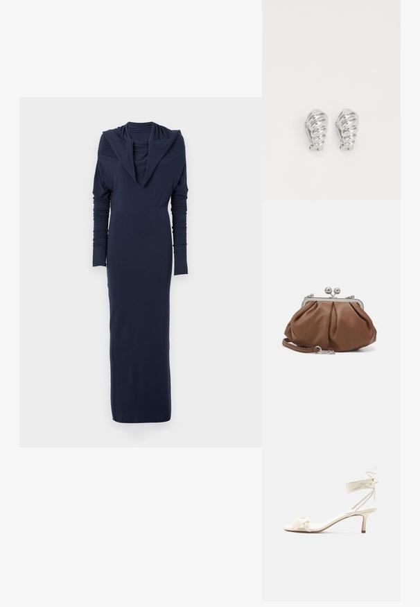 Vestido de manga larga en azul marino con un escote drapeado y silueta ajustada. Hecho de un tejido suave y elástico; textura lisa sin patrones visibles.; Sandalia de tacón bajo color crema con lazos alrededor del tobillo y una amplia tira retorcida sobre los dedos, sobre un fondo blanco liso.; Weekend Max Mara PRATI - Clutch - cuoio; Pendientes de clip plateados con un diseño en espiral, que presentan una textura metálica suave y formas redondeadas. Sin adornos ni patrones visibles.