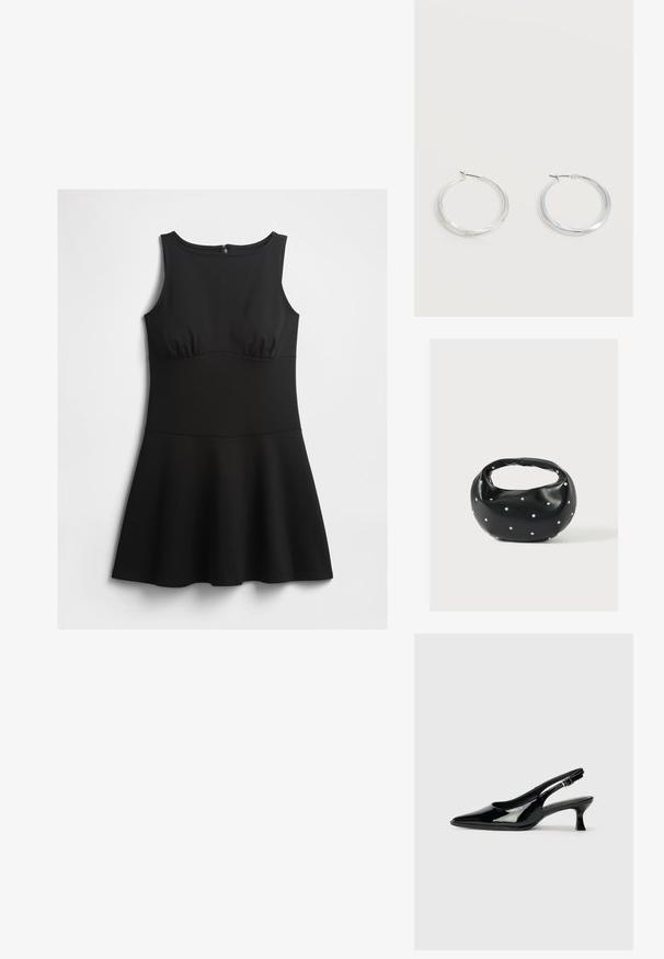 Vestido negro sin mangas con corsé ajustado, escote redondo y falda acampanada, exhibido de manera plana sobre un fondo blanco.; Zapatos de charol negro tipo slingback con punta afilada y tacón bajo. Correa ajustable con hebilla en el tobillo.; Bolso de mano de cuero negro con forma redondeada, decorado con detalles de tachuelas plateadas y un asa corta. Textura lisa y cierre con cremallera.; Pendientes de aro de metal plateado con superficie lisa y ligeramente curvada y cierre de tipo mosquetón sobre un fondo blanco liso.
