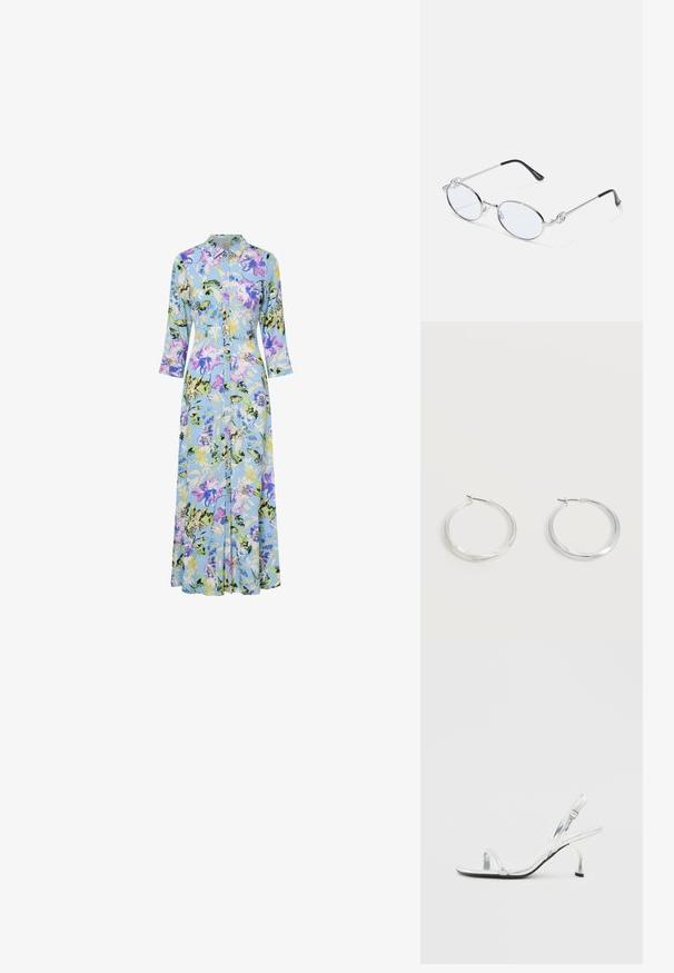 Kukallinen midi-mekko vaaleansinisestä kankaasta, jossa on violetteja, keltaisia ja vihreitä kukkia. Napitettava etuosa, kauluskotelo ja kolme neljänneksen hihat.; Hopeakilpoinen patentoitu nahkainen slingback-korkokengät, joissa on kapea varvasremmi, säädettävä solki ja hoikka korko.; Hopea metallinen soikea kehys, jossa on kirkkaat linssit, koristeelliset sivuakkentit ja mustat kärjet temppeleissä lisämukavuutta ja pitoa varten.; Hopeiset metalliset renkaskorvakorut, joissa on sileä, hieman kaareva pinta ja lukolliset takakiinnitykset yksinkertaisella valkoisella taustalla.