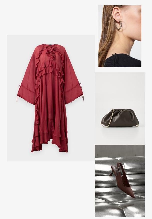 Copenhagen Muse NORMA DRESS - Μάξι φόρεμα - red pear; Καφέ μυτερό παπούτσι slingback με χαμηλό τακούνι και λουράκι με πόρπη που ακουμπά σε επιφάνεια από γυαλιστερό, μεταλλικό ασημί ύφασμα με καπιτονέ.; Καφέ δερμάτινη τσάντα χεριού με συγκεντρωμένο σχέδιο, χρυσό αλυσίδα ιμάντα και μαλακή, υφή. Συμπαγής σχήμα κατάλληλο για βραδινή χρήση.; Ασημένιο σκουλαρίκι κρίκος με γυαλιστερή φινίρισμα, που διαθέτει μικρές χρυσές λεπτομέρειες και στρογγυλό σχήμα, φορεμένο στον λοβό.