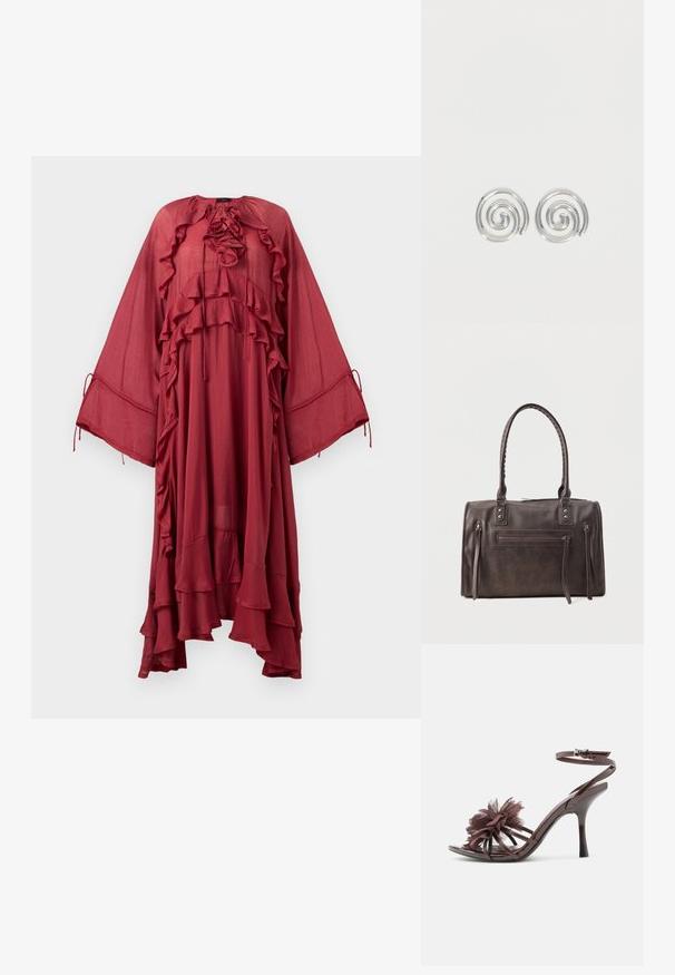 Copenhagen Muse NORMA DRESS - Vestido largo - red pear; Sandalia de tacón alto de charol marrón con tira en el tobillo y gran flor de tela en las tiras delanteras.; Bolso de cuero marrón oscuro con asas dobles, bolsillo frontal con cremallera y dos detalles verticales con cremalleras laterales sobre un fondo blanco.; Par de pendientes de aro espiral plateados con diseño liso y redondeado sobre un fondo blanco liso.