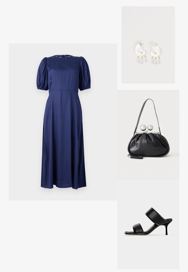Marineblaue Midikleid mit Puffärmeln, Rundhalsausschnitt und einer Bindeschließe im Rücken. Hergestellt aus glattem, leichtem Stoff für eine fließende Passform.; Schwarze Leder-Mule-Sandale mit zwei breiten Riemen und einem schlanken, mittelhohen Stilettoabsatz auf einem schlichten hellen Hintergrund.; Schwarze Ledertasche mit gerafftem Design, einem einzelnen Riemen, silbernem Metallrahmen und zwei großen runden silbernen Verschlüssen.; Klare Harz-Ohrringe in Muschelform mit kleinen goldenen Akzenten und drei hängenden durchsichtigen tropfenförmigen Anhängern an jedem Ohrring.