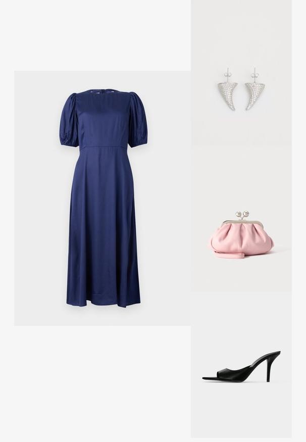 Marineblaue Midikleid mit Puffärmeln, Rundhalsausschnitt und einer Bindeschließe im Rücken. Hergestellt aus glattem, leichtem Stoff für eine fließende Passform.; Schwarzer Leder-Pantolette mit offenem Zehenbereich und hohem, schlankem Stiletto-Absatz, im Seitenprofil vor neutralem Hintergrund gezeigt.; Kleine weiche rosa Clutch mit silbernem Metallrahmen und rundem Verschluss, liegend auf einer flachen hellen Oberfläche mit gefaltetem Handgelenksriemen vorne.; Silberne, hornförmige Ohrringe, besetzt mit kleinen klaren Steinen, mit einem Steckverschluss zur Befestigung. Glatte Textur und metallisches Finish.