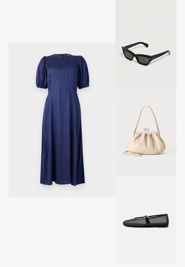 Marineblaue Midikleid mit Puffärmeln, Rundhalsausschnitt und einer Bindeschließe im Rücken. Hergestellt aus glattem, leichtem Stoff für eine fließende Passform.; Schwarzer Netz-Ballerinaschuh mit rundem Zehenbereich und verstellbarem Mary-Jane-Riemen mit silberner Schnalle, auf schlichtem hellgrauem Hintergrund.; Schwarze rechteckige Sonnenbrille mit dunklen Gläsern und dünnen Bügeln, McQueen-Logo an der Seite, auf einer weißen Oberfläche liegend.; Beige weiche Lederhandtasche mit silbernem Metallrahmenverschluss, einem Schulterriemen und einem optionalen Kettenriemen auf weißem Hintergrund.