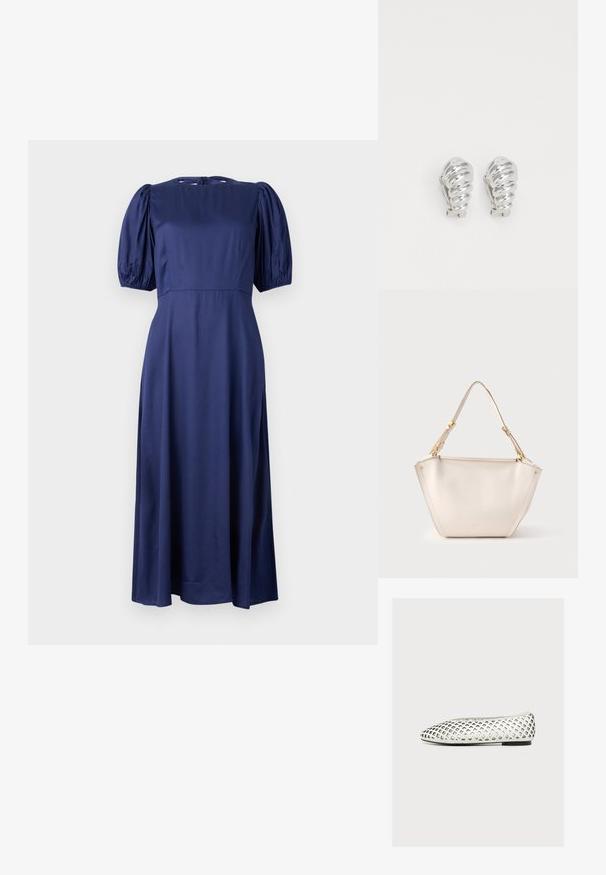 Robe midi bleu marine avec manches bouffantes, col rond et fermeture à nouer dans le dos. Fabriquée en tissu léger et lisse pour un tombé fluide.; Chaussure plate blanche avec un bout arrondi et un motif géométrique découpé couvrant toute la surface supérieure, reposant sur une semelle plate noire.; Sac à main en cuir blanc avec une finition texturée et des accents en métal doré. Caractérisé par une forme triangulaire et une bandoulière unique réglable.; Boucles d'oreilles en clip argentées avec un design en spirale, présentant une texture métallique lisse et des formes arrondies. Pas d'embellissements ou de motifs visibles.