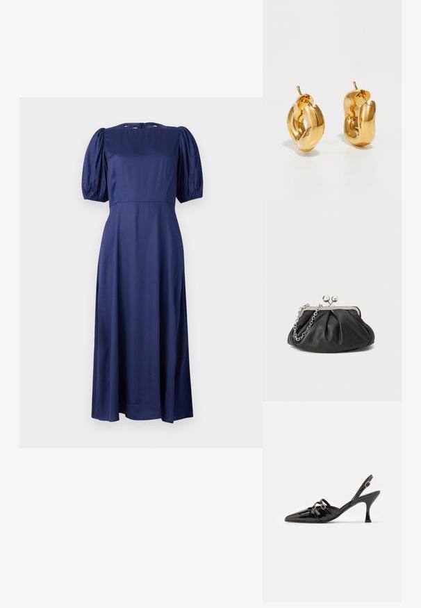 Marineblaue Midikleid mit Puffärmeln, Rundhalsausschnitt und einer Bindeschließe im Rücken. Hergestellt aus glattem, leichtem Stoff für eine fließende Passform.; ALOHAS JOELLE ONIX - Pumps - black; Schwarze Leder-Clutch mit geraffter Textur, silberfarbener Metallrahmen, Druckverschluss und Kettenriemen. Glatte, weiche Oberfläche.; Fette goldene Creolen mit einem leicht verdrehten, röhrenförmigen Design und Steckverschlüssen auf einem weißen Hintergrund.