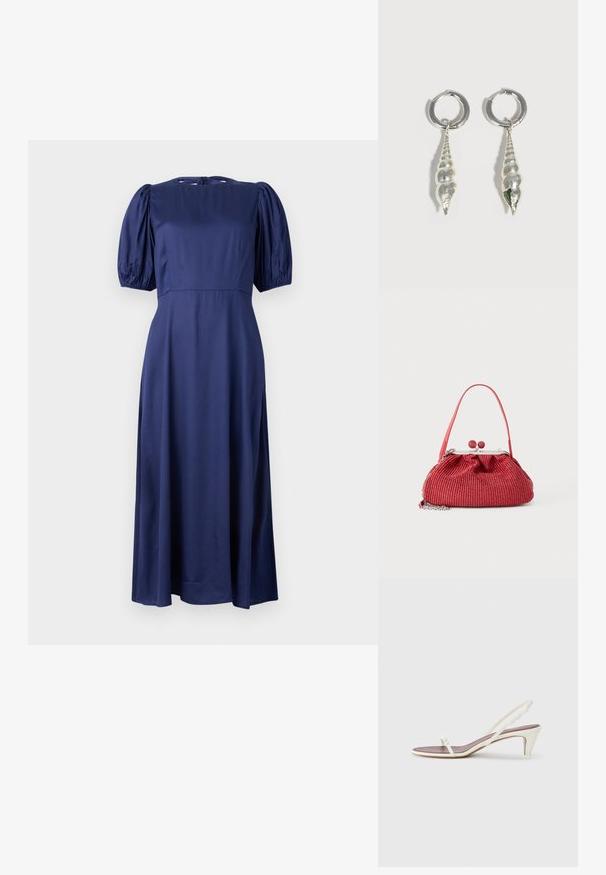 Marineblaue Midikleid mit Puffärmeln, Rundhalsausschnitt und einer Bindeschließe im Rücken. Hergestellt aus glattem, leichtem Stoff für eine fließende Passform.; Weiße Slingback-Sandalen mit einem leichten Absatz, dünnen Riemen und einer glatten Ledertextur; verfügen über eine kleine dekorative Schnalle.; Kleine rote gewebte Geldbörse mit einem einzigen Riemen, silbernem Rahmen, Kugelverschluss und angebrachtem silbernem Kettendetail.; Silberne Creolen mit länglichen, spiralförmigen, muschelförmigen Anhängern, die von jedem Ohrring auf einem schlichten weißen Hintergrund hängen.