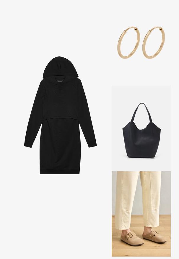 Sort pullover kjole med hætte, lange ærmer og cropped design. Fremstillet af blødt stof med en glat tekstur og ribbede manchetter.; Tan ruskinds-sandaler med en bred strop og gyldent spænde, tekstureret overflade og brun gummisål; båret med løse elfenbenfarvede tapered bukser.; Sort tote taske lavet af glat læder, med en buet, åben top, to skulderstropper og et minimalistisk design.; Guldøreringe med en glat, poleret overflade. Rund form, mellemstor, med en sikker lukkemekanisme.