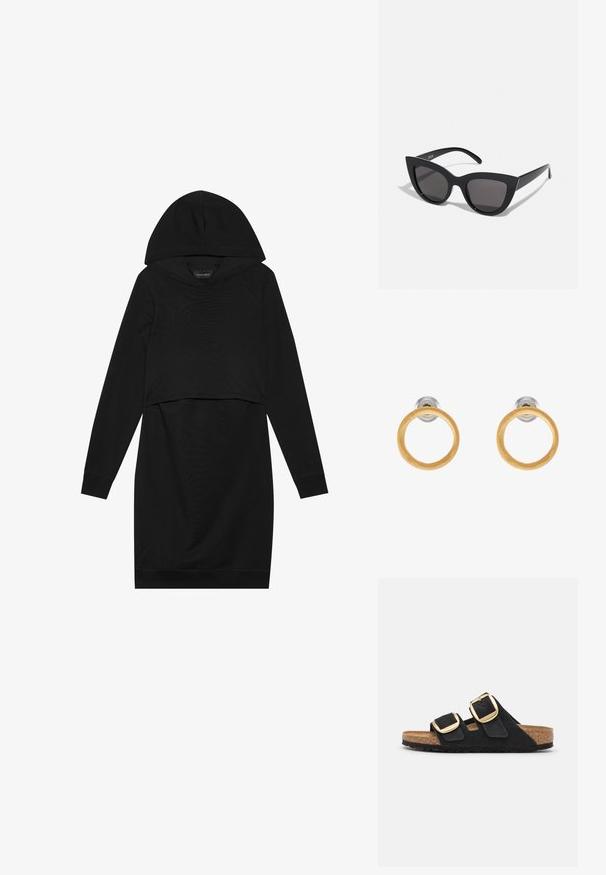 Sort pullover kjole med hætte, lange ærmer og cropped design. Fremstillet af blødt stof med en glat tekstur og ribbede manchetter.; Sorte ruskind slide sandaler med to brede stropper, hver med en stor guldspænde og en naturlig kork sål med en tekstureret gummisål.; Sorte cat-eye solbriller med mat finish, der har grå tonede linser, skarpe vinkler og slanke sidearme. Mærkenavnet er synligt på den indre arm.; Guldtonede metaløreringe med cirkulære trædetaljer, der har en glat overflade og et minimalistisk design. Silhuetten understreger enkelheden.