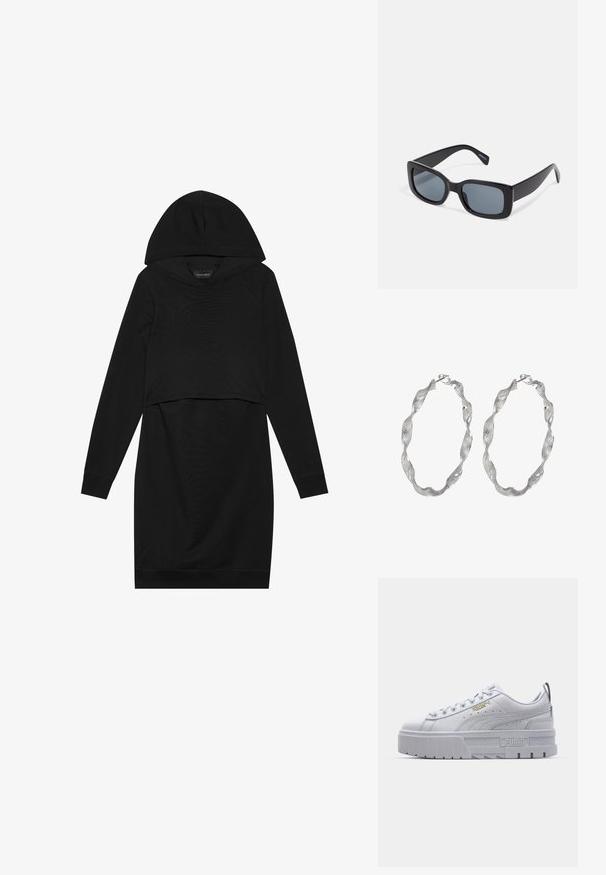Schwarzes Pulloverkleid mit Kapuze, langen Ärmeln und cropped Design. Hergestellt aus weichem Stoff mit glatter Textur und gerippten Bündchen.; Weiße Plattform-Sneaker mit einem glatten Lederoberteil, gepolstertem Kragen, grauer Gummisohle und goldenen Akzenten mit dem Puma-Logo.; Schwarze rechteckige Sonnenbrille mit dunkel getönten Gläsern, dickem Kunstrahmen und breiten Bügeln. Glatte Oberfläche und kantiges Design.; Silberne Creolen mit einem verdrehten Design, das eine strukturierte Oberfläche und einen sicheren Verschluss aufweist. Leicht und reflektierend mit einer eleganten Oberfläche.