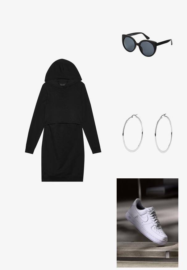 Schwarzes Pulloverkleid mit Kapuze, langen Ärmeln und cropped Design. Hergestellt aus weichem Stoff mit glatter Textur und gerippten Bündchen.; Weißer Nike Air Force 1 Sneaker schwebt über einer Betonoberfläche mit Schatten in einem minimalistischen Umfeld.; Schwarze übergroße Sonnenbrille mit Katzenaugenform, dunkel getönten Gläsern und glänzendem Kunststoffrahmen. Verfügt über dicke Bügel für Unterstützung.; Große Silberohrringe mit polierter Metalloberfläche, die ein glattes, kreisförmiges Design und einen sicheren Klappverschluss aufweisen.