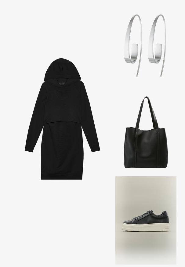 Robe pull noire avec capuche, manches longues et design cropped. Fabriquée en tissu doux avec une texture lisse et des poignets côtelés.; Baskets basses en cuir noir avec des lacets noirs et une épaisse semelle en caoutchouc blanc sur un fond neutre.; Sac fourre-tout en cuir noir avec deux longues poignées, présentant un design minimaliste, une texture lisse et des coutures verticales sur le devant.; Boucles d'oreilles en argent avec un design allongé et épuré. Fabriquées en métal poli, présentant une texture lisse et un style minimaliste.