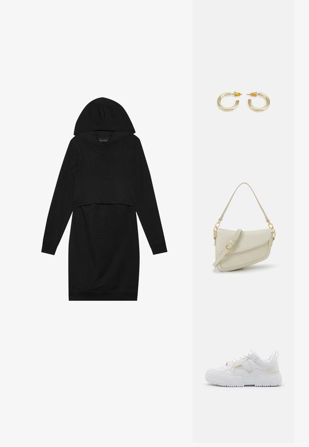 Sort pullover kjole med hætte, lange ærmer og cropped design. Fremstillet af blødt stof med en glat tekstur og ribbede manchetter.; Hvide sneakers med et chunky design, fremstillet af læder og syntetiske materialer, med teksturerede detaljer, snørebånd og et fremtrædende logo i guld.; Lille cremehåndtaske med tekstureret overflade, en lang justerbar rem, en kædeaccent og flaplukning. Detaljer i guldhardware.; Guldtonede hooop øreringe med en glat, rund form og en poleret finish. Har orange detaljer på bagsiden for sikker fastgørelse.