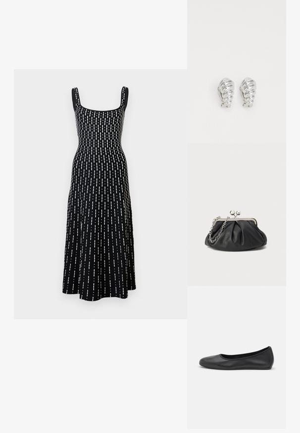 Robe midi noire sans manches avec encolure carrée et motif de lignes blanches en pointillés verticales réparties de manière uniforme.; Ballerines en cuir noir avec un bout rond, texture lisse, détails de couture minimalistes et design de semelle flexible.; Porte-monnaie en cuir noir avec texture froncée, cadre en métal argenté, fermeture à verrouillage kiss-lock et bandoulière en chaîne. Surface lisse et douce.; Boucles d'oreilles en clip argentées avec un design en spirale, présentant une texture métallique lisse et des formes arrondies. Pas d'embellissements ou de motifs visibles.