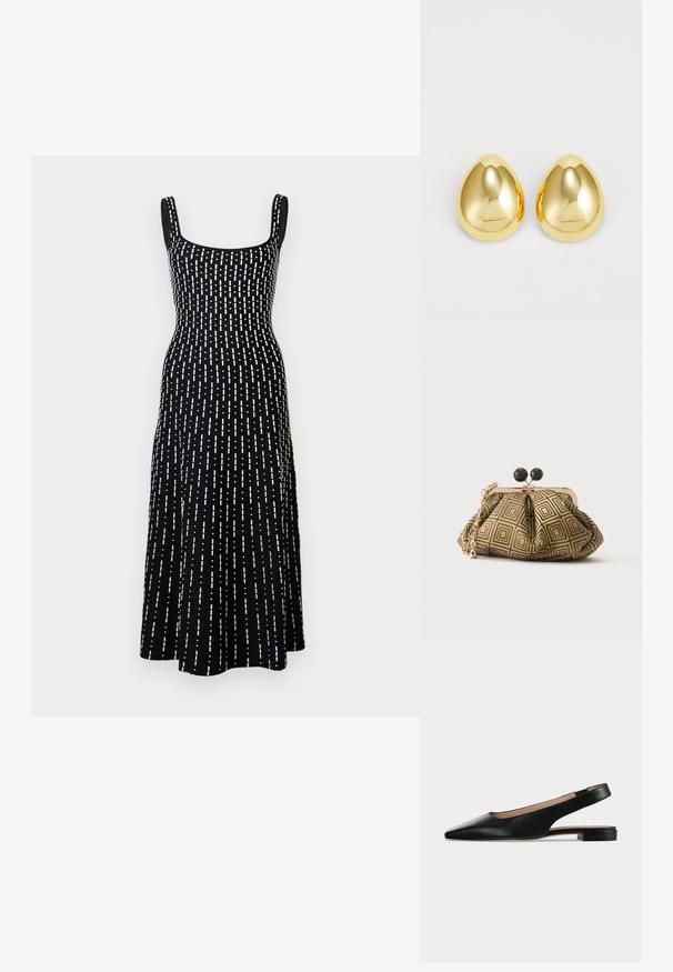 Robe midi noire sans manches avec encolure carrée et motif de lignes blanches en pointillés verticales réparties de manière uniforme.; Chaussure plate en cuir noir avec bride arrière, bout pointu et petit talon carré sur fond blanc.; Petite pochette avec motif géométrique doré et noir, cadre en métal doré, fermeture à boule noire et une courte chaîne dorée.; Boucles d'oreilles clous de couleur or avec une surface lisse et polie, en forme de goutte d'eau, réfléchissant la lumière pour un fini éclatant.