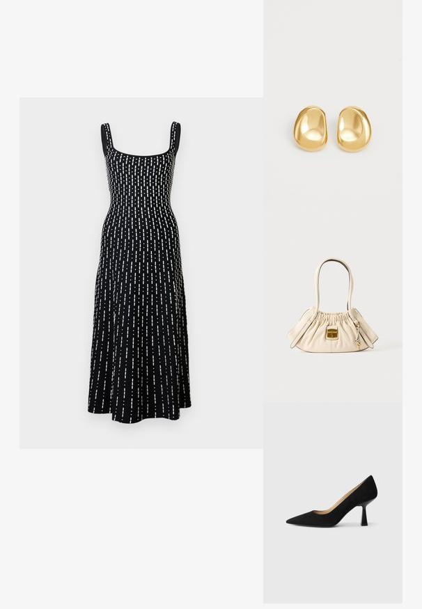 Robe midi noire sans manches avec encolure carrée et motif de lignes blanches en pointillés verticales réparties de manière uniforme.; Pompe à talons hauts en suède noir avec un bout pointu, dotée d'un talon bloc noir brillant et d'une doublure intérieure lisse.; Sac à main en cuir souple couleur crème avec le haut froncé, deux poignées et un petit fermoir rectangulaire doré à l'avant.; Boucles d'oreilles en forme de clou de couleur or, avec une forme lisse et arrondie et une surface réfléchissante, mettant en avant un design minimaliste sans motifs visibles.