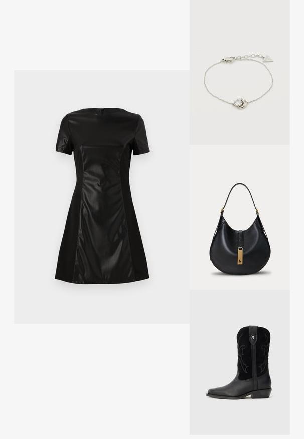 Vestido negro con un panel frontal de imitación cuero suave, mangas cortas y una falda acampanada. La parte posterior tiene un cierre de cremallera discreto.; Botas de cowboy de cuero negro con punta afilada, acentos de ante, costuras decorativas y un tacón bajo apilado. Presenta un logo en la parte trasera.; Bolso de mano negro de cuero con forma de media luna, con una sola correa y hebilla rectangular dorada con logotipo de caballo y jinete.; Pulsera delicada de cadena de plata con colgante de luna creciente y estrella que sostiene una piedra preciosa transparente, con cierre ajustable y etiqueta de marca.