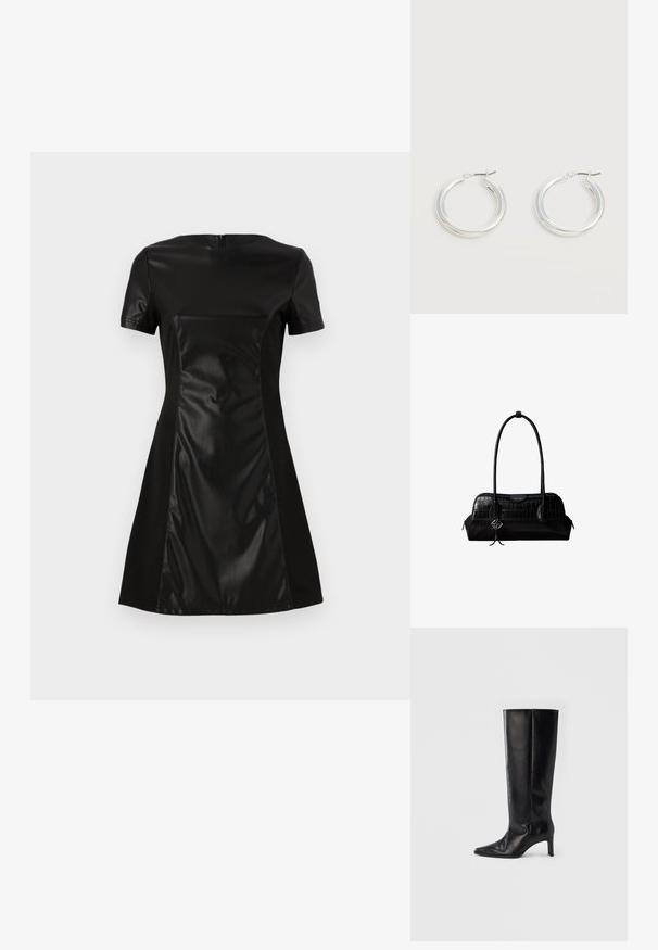 Vestido negro con un panel frontal de imitación cuero suave, mangas cortas y una falda acampanada. La parte posterior tiene un cierre de cremallera discreto.; Botas negras hasta la rodilla hechas de cuero suave, con punta puntiaguda y tacón delgado, con caña ajustada y diseño minimalista.; Bolso de hombro negro de cuero con textura de cocodrilo, con correas largas y un pequeño colgante de logo plateado en una correa.; Par de pendientes de aro plateados brillantes de tamaño mediano con cierres metálicos finos sobre un fondo neutro claro.