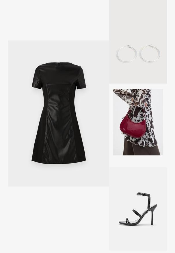 Vestido negro con un panel frontal de imitación cuero suave, mangas cortas y una falda acampanada. La parte posterior tiene un cierre de cremallera discreto.; Sandalias de tacón alto de charol negro con tres tiras horizontales y una correa en el tobillo ajustable. Silueta elegante y acabado brillante.; Mujer con blusa de estampado en blanco y negro sosteniendo un bolso de hombro rojo brillante sobre un fondo liso.; Pareja de pendientes de aro plateados brillantes con cierres de alambre delgado, mostrados sobre un fondo gris claro.