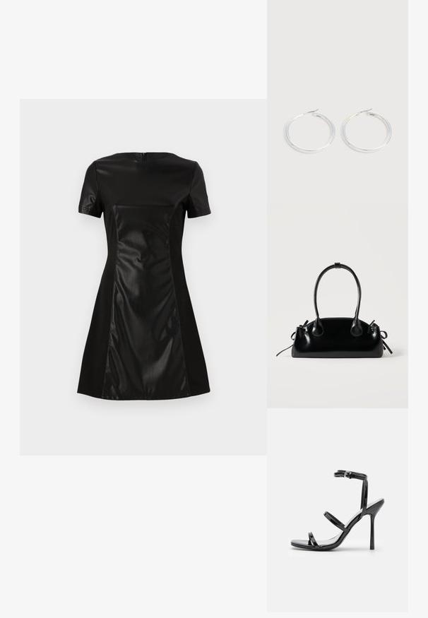 Vestido negro con un panel frontal de imitación cuero suave, mangas cortas y una falda acampanada. La parte posterior tiene un cierre de cremallera discreto.; Sandalias de tacón alto de charol negro con tres tiras horizontales y una correa en el tobillo ajustable. Silueta elegante y acabado brillante.; Pequeño bolso negro brillante con dos asas largas y detalles de cordón lateral sobre un fondo claro liso.; Pareja de pendientes de aro plateados brillantes con cierres de alambre delgado, mostrados sobre un fondo gris claro.