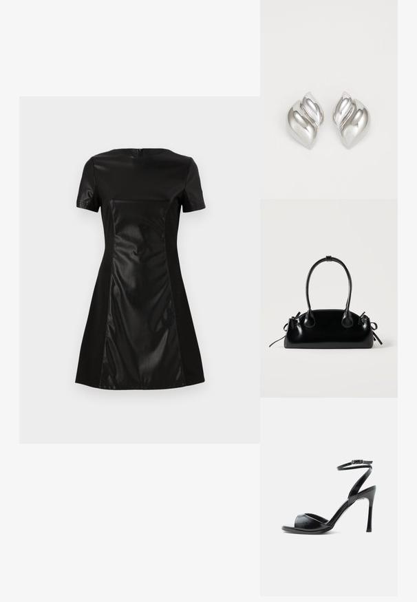 Vestido negro con un panel frontal de imitación cuero suave, mangas cortas y una falda acampanada. La parte posterior tiene un cierre de cremallera discreto.; Sandalia negra de tacón alto con puntera abierta, tacón de aguja delgado y correa en el tobillo con hebilla sobre fondo blanco.; Pequeño bolso negro brillante con dos asas largas y detalles de cordón lateral sobre un fondo claro liso.; Pendientes de plata con una forma orgánica y abstracta. Superficie lisa y brillante con un diseño cónico. Presentan suaves curvas y un detalle de línea central.