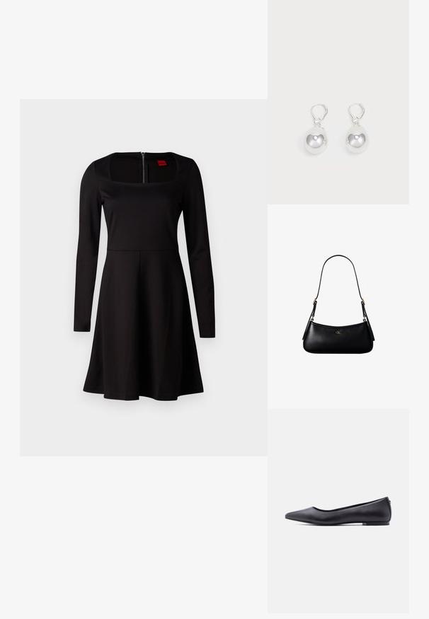 Vestido negro de manga larga con escote cuadrado, corsé ajustado, falda acampanada y cierre de cremallera en la espalda. Textura de tela suave sin patrones.; Zapato plano de cuero negro con punta puntiaguda y tacón bajo, mostrado de perfil contra un fondo blanco.; Mini bolso negro de cuero para hombro con correa delgada y pequeño logo dorado CK en el centro frontal.; Pendientes de plata en forma de gota con superficies redondas y reflectantes colgando de cierres de palanca. El fondo es blanco liso.