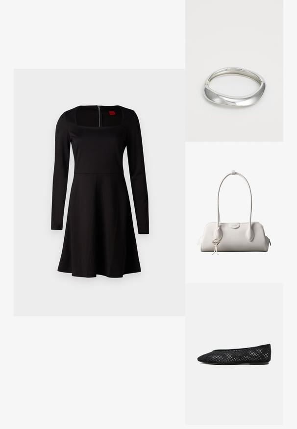 Vestido negro de manga larga con escote cuadrado, corsé ajustado, falda acampanada y cierre de cremallera en la espalda. Textura de tela suave sin patrones.; Zapato plano de malla negra con puntera cerrada y tacón bajo, con un diseño tejido transpirable y un logo lateral sutil.; Bolso de hombro blanco de Calvin Klein con asas largas, forma rectangular, cierre de cremallera y charm decorativo con el logo colgando cerca del asa.; Brazalete de metal plateado con un diseño liso y curvado. El acabado pulido y los bordes redondeados crean una apariencia uniforme.