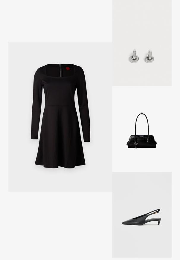 Vestido negro de manga larga con escote cuadrado, corsé ajustado, falda acampanada y cierre de cremallera en la espalda. Textura de tela suave sin patrones.; Zapatos de tacón estilo slingback negros con punta afilada, textura de cuero suave, un tacón bajo tipo kitten heel y una correa con un detalle de hebilla metálica.; Bolso de hombro negro de cuero con textura de cocodrilo, con correas largas y un pequeño colgante de logo plateado en una correa.; Par de pequeños pendientes de aro plateados brillantes con base redonda, exhibidos sobre un fondo claro y liso.