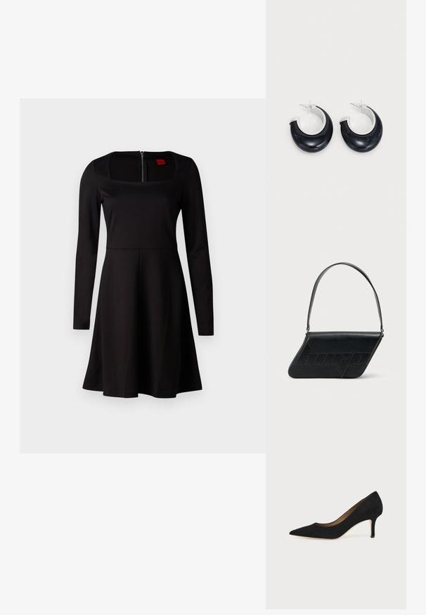 Vestido negro de manga larga con escote cuadrado, corsé ajustado, falda acampanada y cierre de cremallera en la espalda. Textura de tela suave sin patrones.; Salón de ante negro con punta puntiaguda, tacón de aguja delgado de altura media y diseño de corte bajo sobre un fondo liso.; Bolso de hombro de cuero negro con forma triangular, logo en relieve y una sola correa ajustable. Diseño minimalista con textura suave.; Pendientes de aro de resina negra con acabado brillante y acentos de hardware en tono plateado. Forma circular con un corte y cierre a presión.