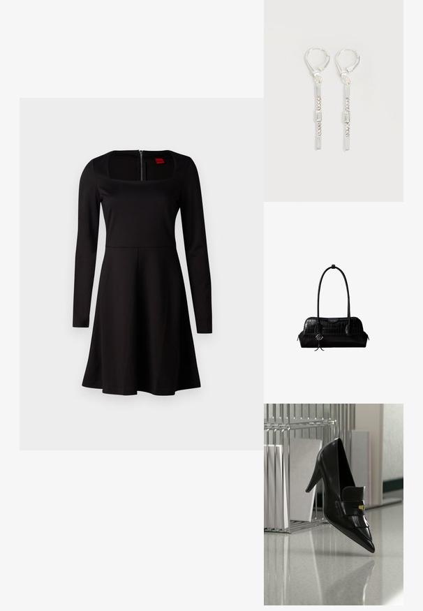 Zwarte lange jurk met een vierkante halslijn, aansluitend lijfje, uitlopende rok en een ritssluiting aan de achterkant. Glad textiel zonder patronen.; Zwarte leren highheeled schoen met spitse neus en decoratieve franjes die boven een glanzende vloer zweeft nabij een metalen rek met documenten.; Zwarte schoudertas van leer met krokodillenstructuur, lange banden en een klein zilveren logohanger aan één band.; Zilveren hangende oorbellen met rechthoekige en ronde heldere kristallen in een verticale lijn, bevestigd met leverback-sluitingen.